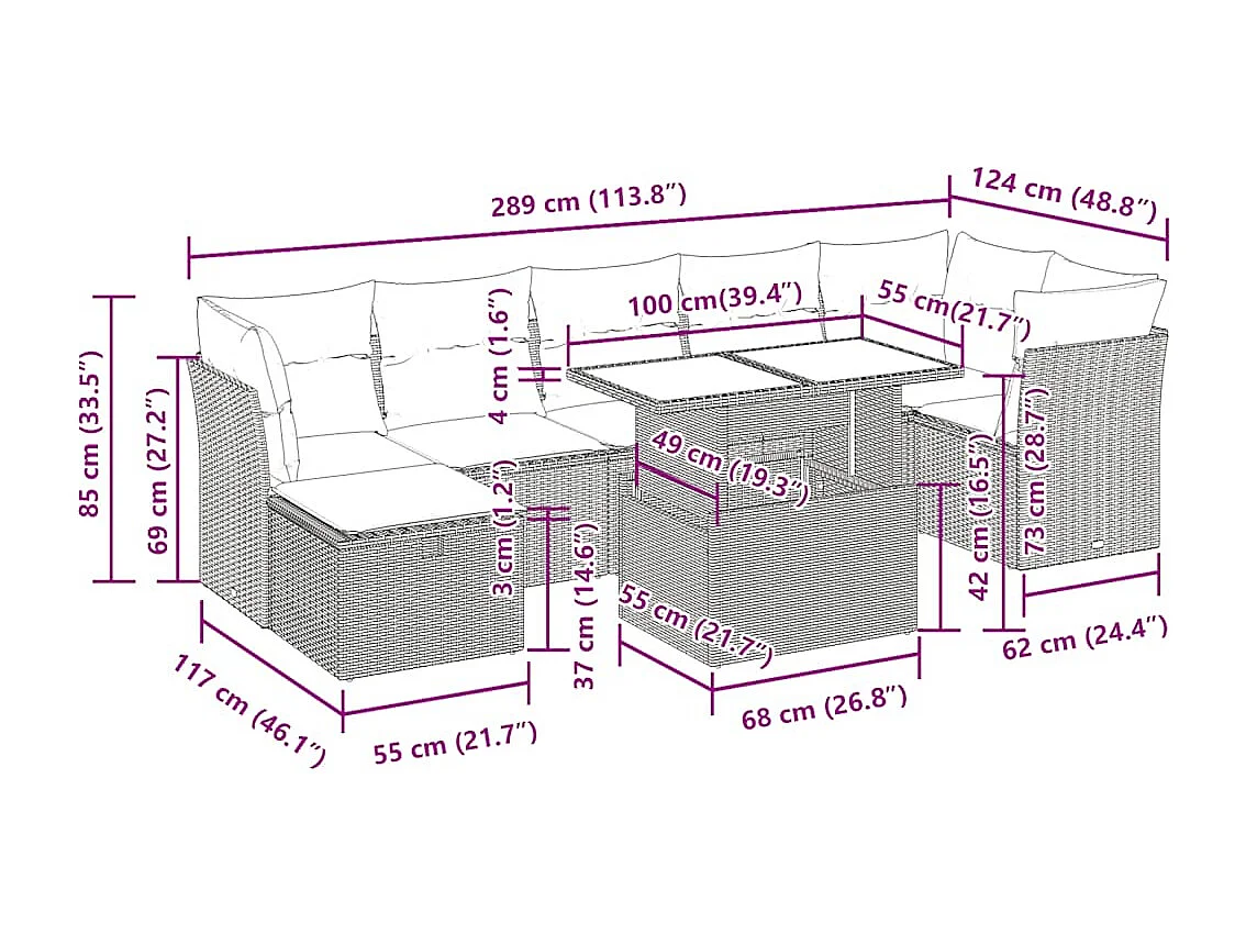 Salon de jardin 8 pcs avec coussins noir résine tressée