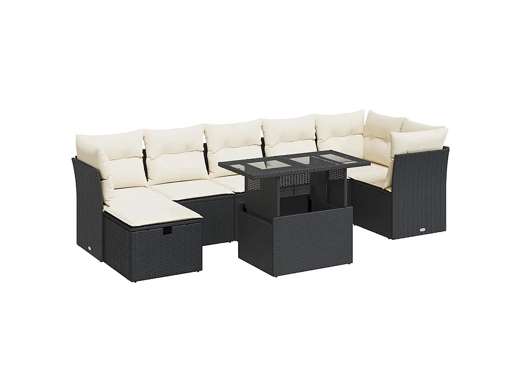 8-delige Loungeset met kussens poly rattan zwart