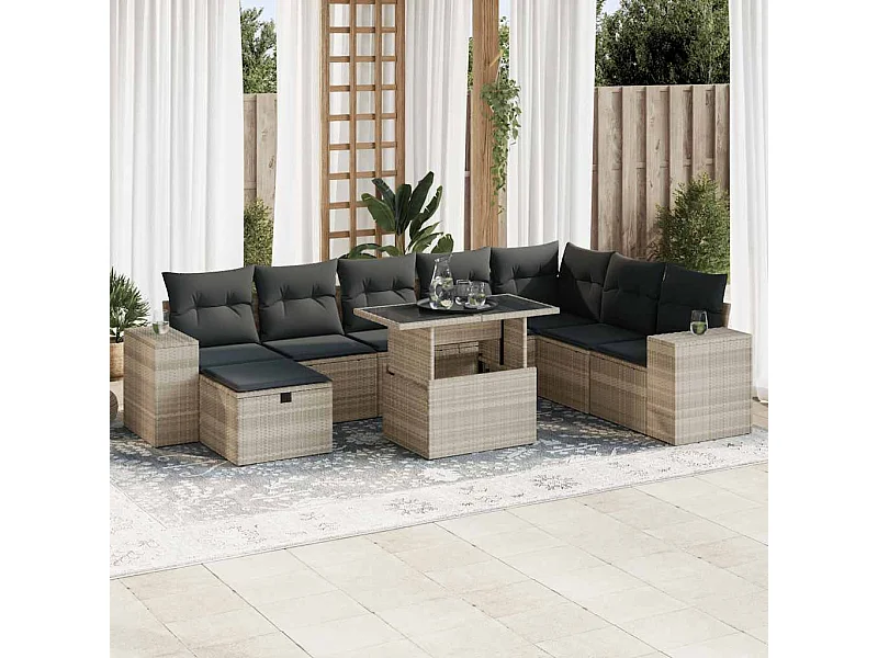 9-tlg. Garten-Sofagarnitur mit Kissen Hellgrau Poly Rattan