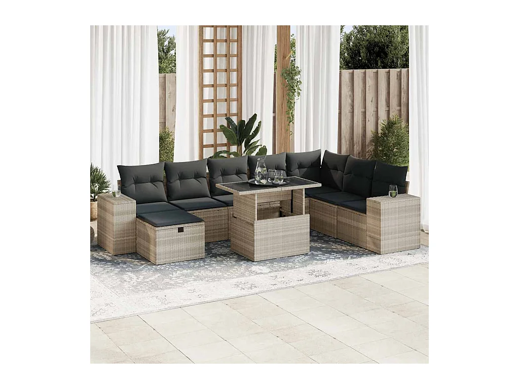 Salon de jardin 9 pcs avec coussins gris clair résine tressée