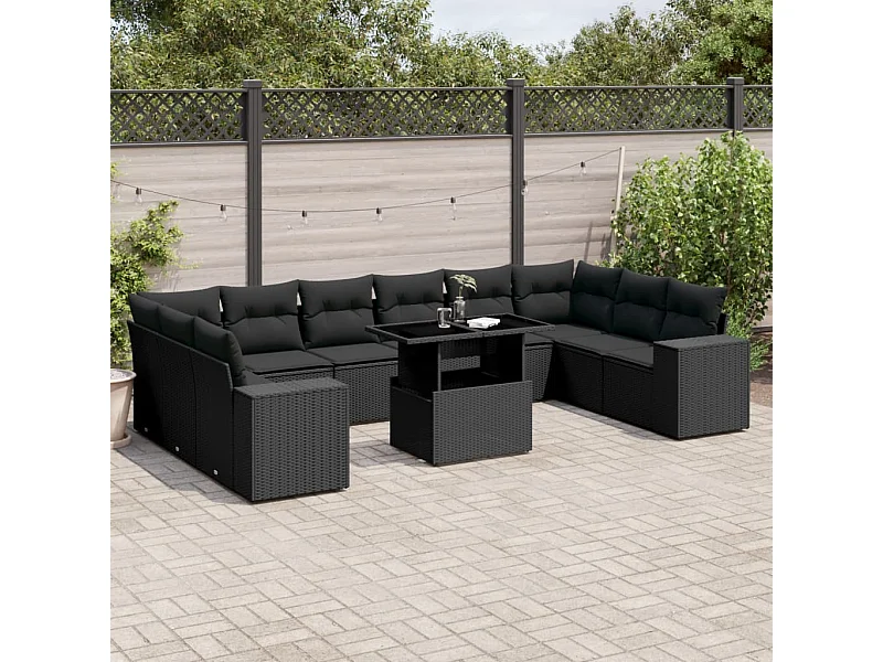 Set Divani da Giardino 11 pz con Cuscini in Polyrattan Nero