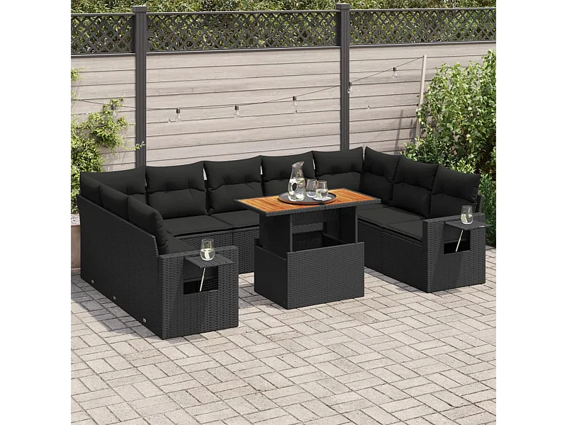 10-delige Loungeset met kussens poly rattan zwart