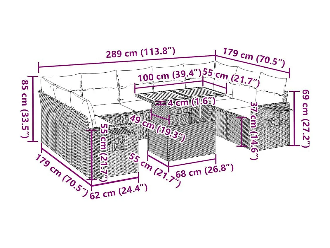 10-delige Loungeset met kussens poly rattan zwart
