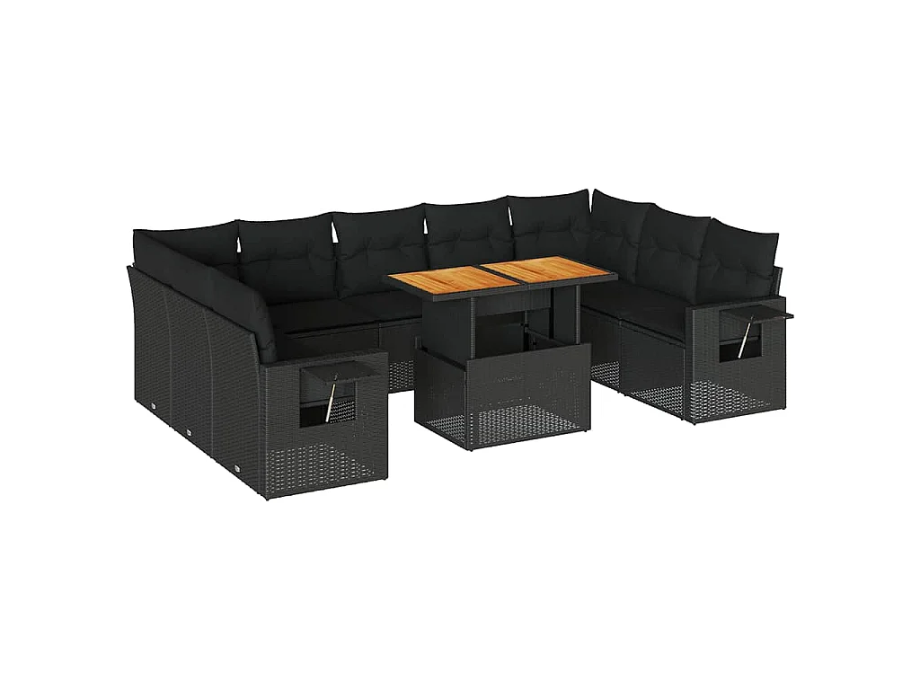 Salon de jardin 10 pcs avec coussins noir résine tressée