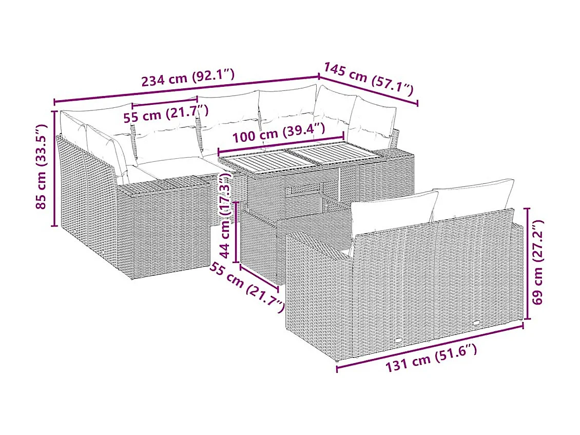 Set Divani da Giardino 11 pz con Cuscini Beige in Polyrattan