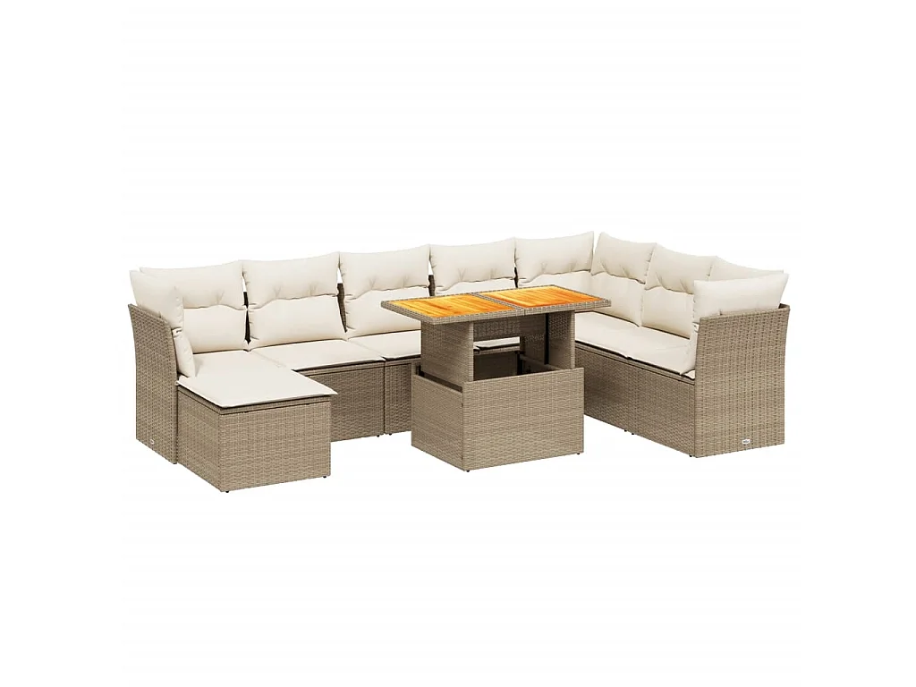 Set de sofás de jardín 9 pzas con cojines ratán sintético beige