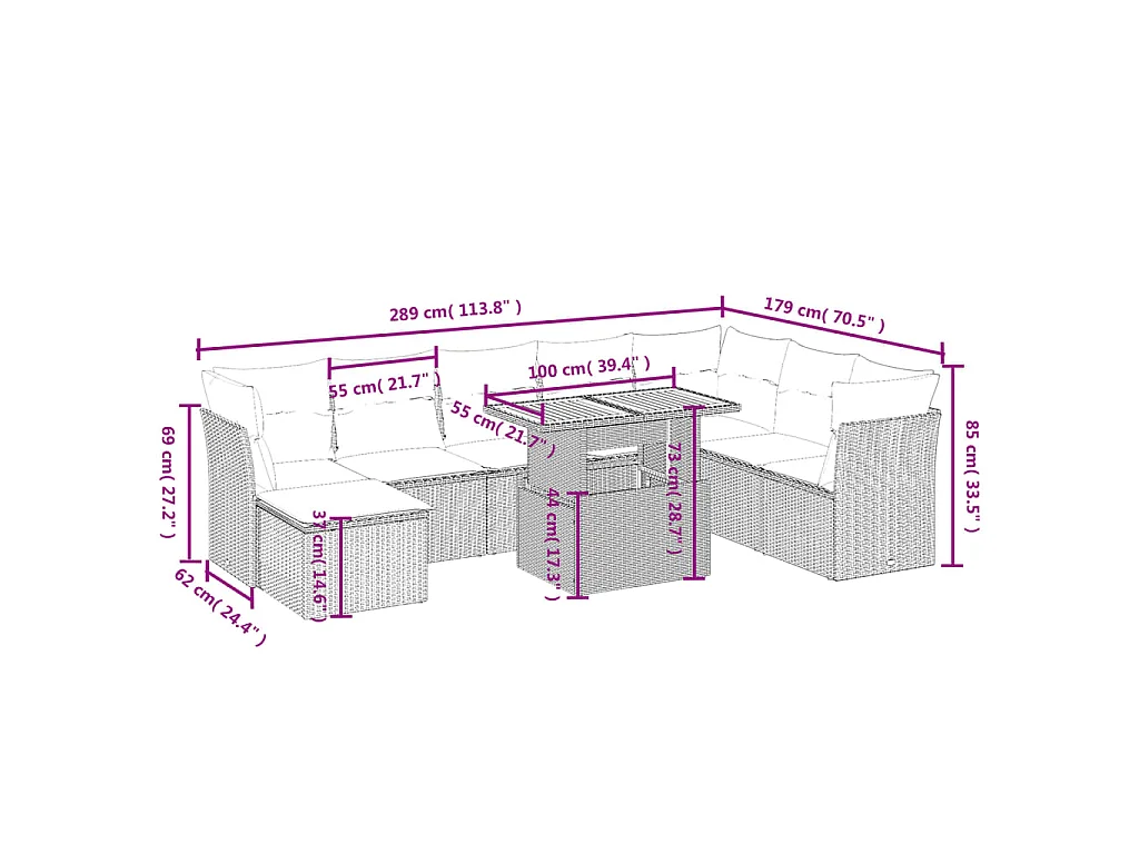 Set de sofás de jardín 9 pzas con cojines ratán sintético beige