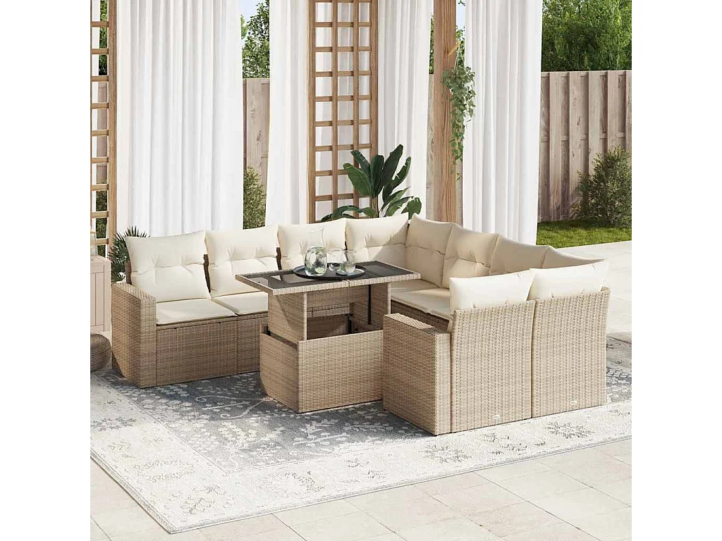 Set de sofás de jardín con cojines 9 pzas ratán sintético beige