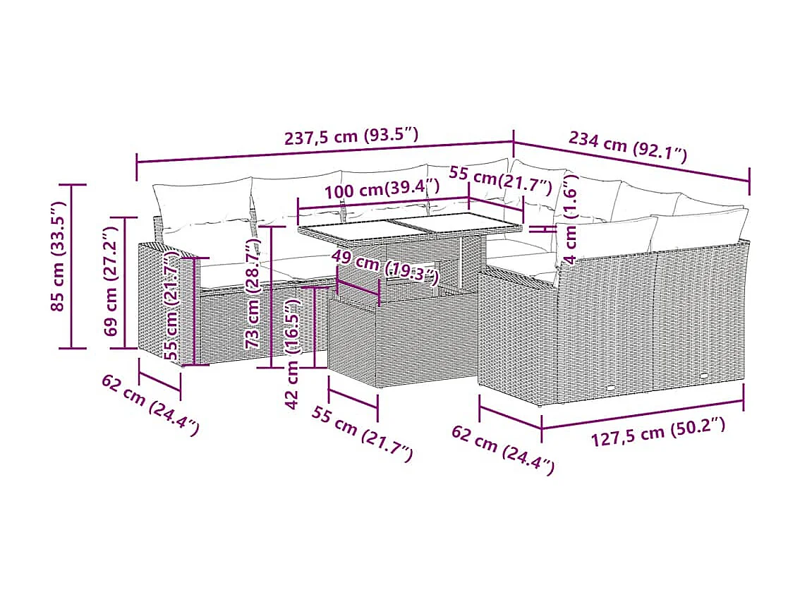 Set de sofás de jardín con cojines 9 pzas ratán sintético beige