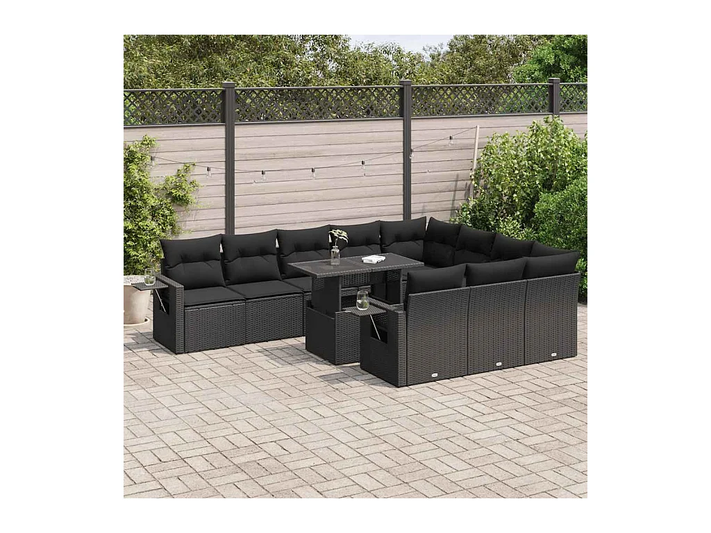 Salon de jardin 11 pcs avec coussins noir résine tressée