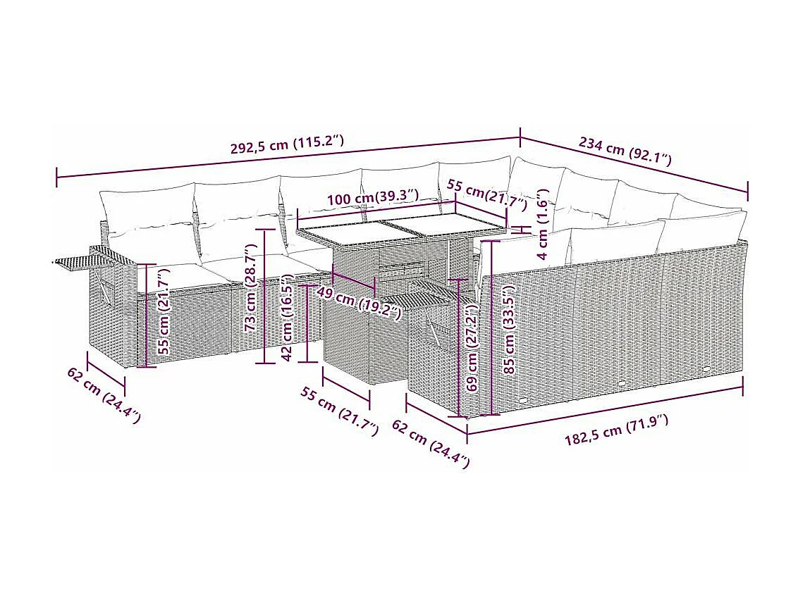 Salon de jardin 11 pcs avec coussins noir résine tressée