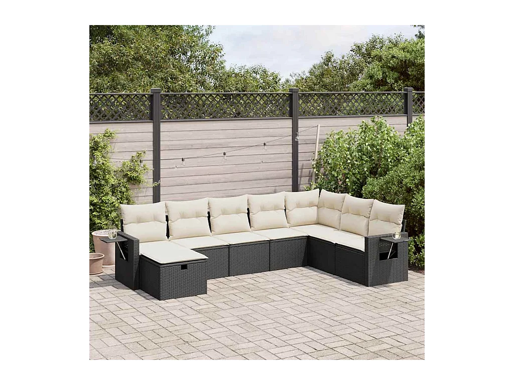 Salon de jardin 8 pcs avec coussins noir résine tressée