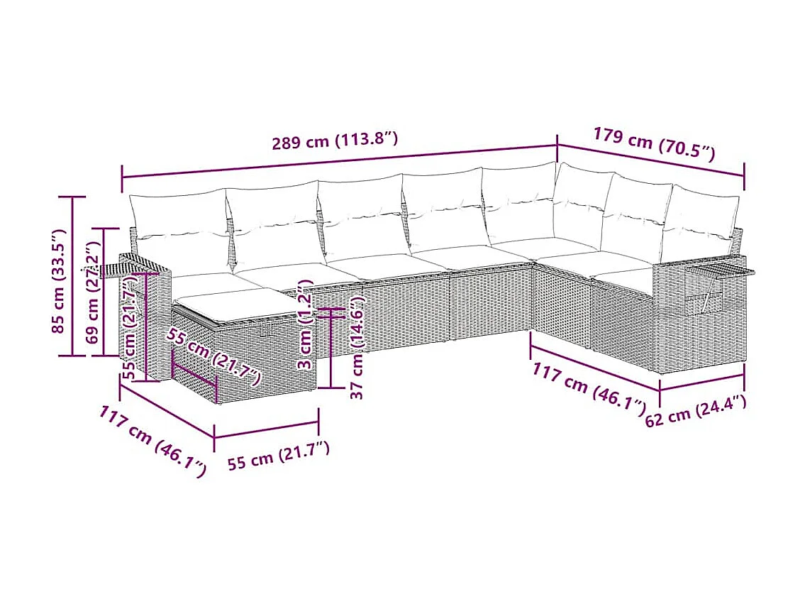 8-delige Loungeset met kussens poly rattan zwart