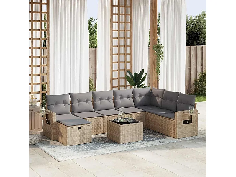 9-tlg. Garten-Sofagarnitur mit Kissen Beige Poly Rattan