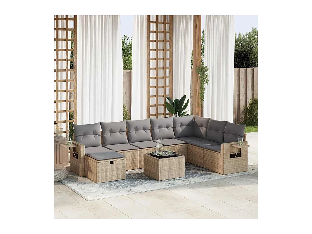 9 pcs conjunto de sofás p/ jardim com almofadões vime PE bege