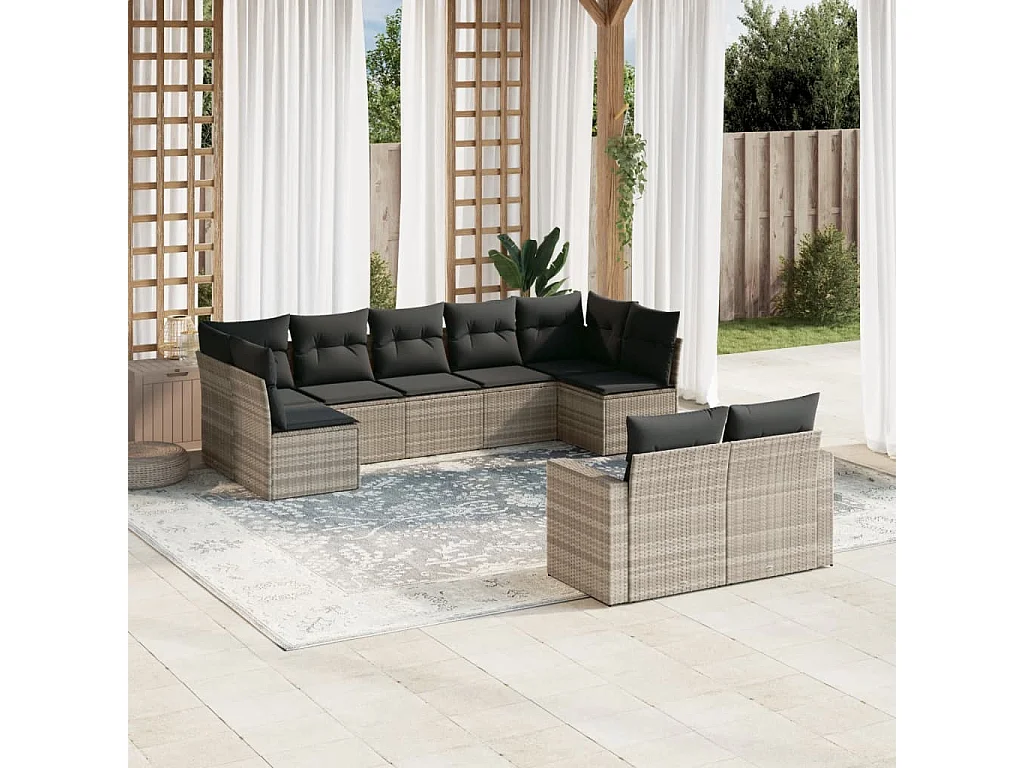 Salon de jardin 9 pcs avec coussins gris clair résine tressée