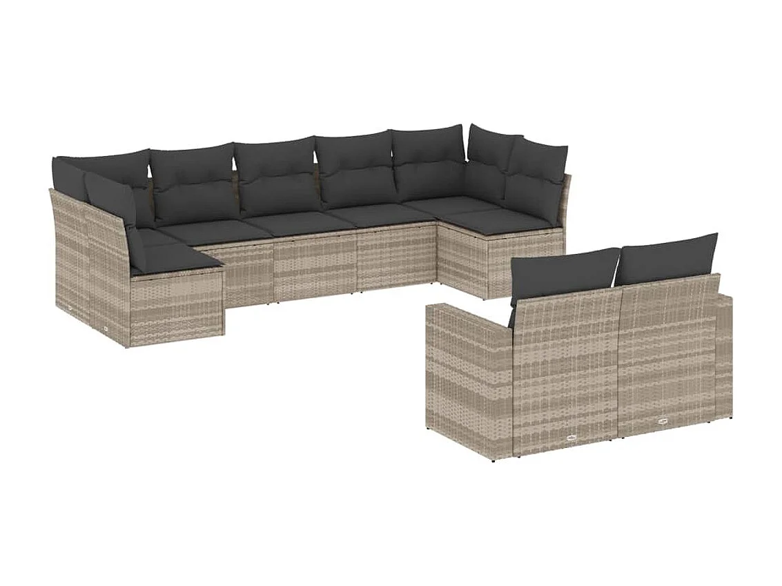 Salon de jardin 9 pcs avec coussins gris clair résine tressée