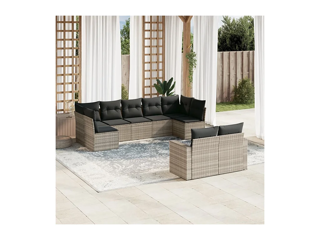 Salon de jardin 9 pcs avec coussins gris clair résine tressée