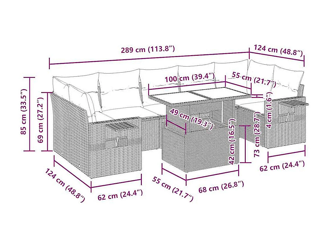 8-tlg. Garten-Sofagarnitur mit Kissen Hellgrau Poly Rattan