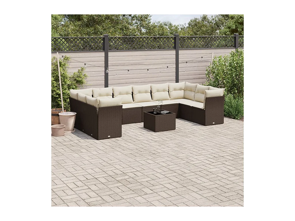 Salon de jardin et coussins 11 pcs marron résine tressée