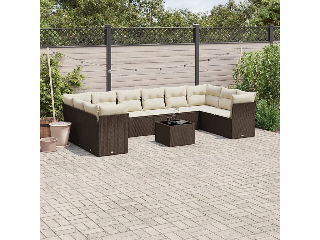 Set Divani da Giardino 11 pz con Cuscini Polyrattan Marrone