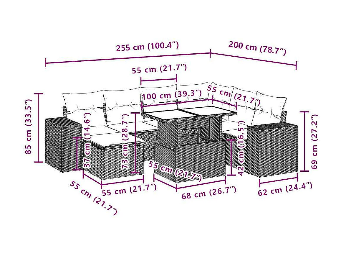 Salon de jardin 8 pcs avec coussins marron résine tressée