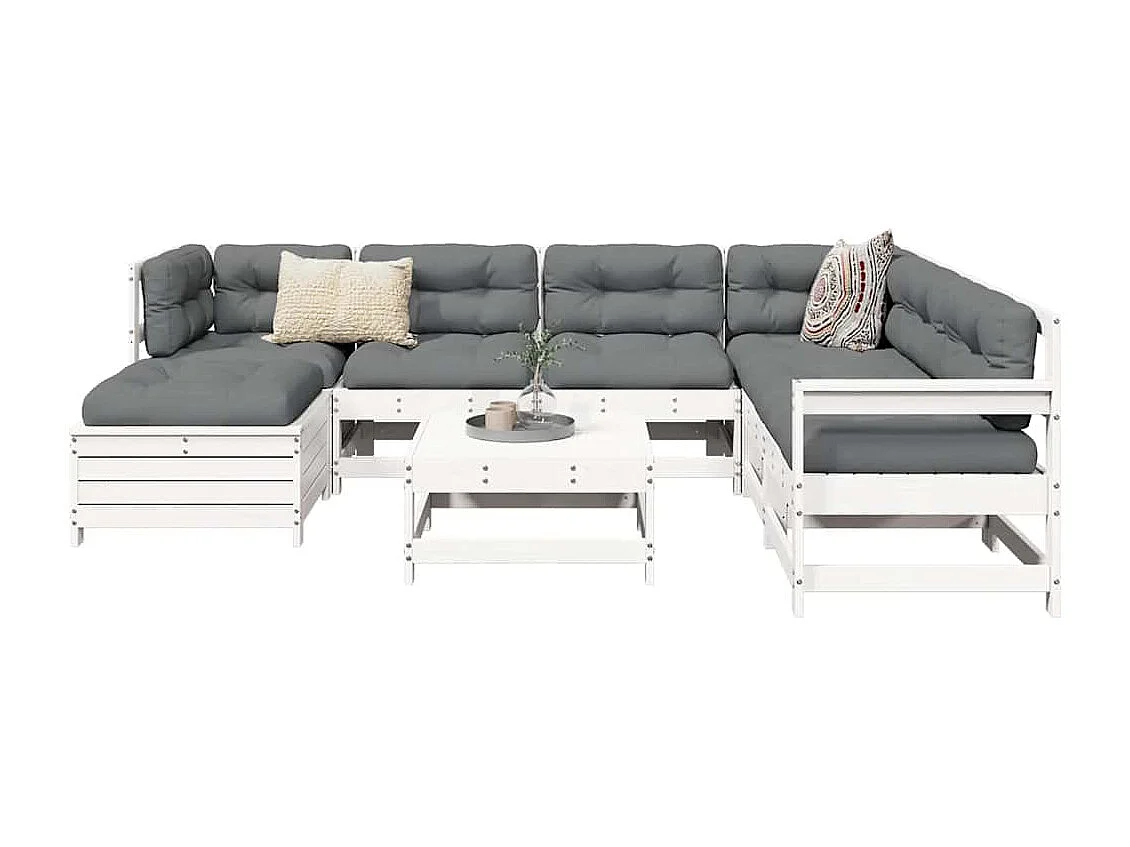 Salon de jardin 8 pcs blanc bois de pin massif