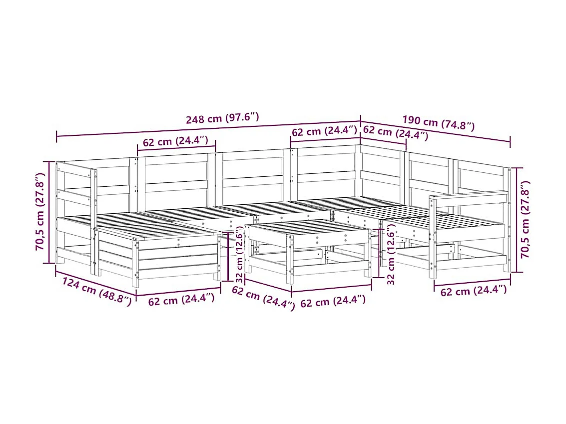 Salon de jardin 8 pcs blanc bois de pin massif