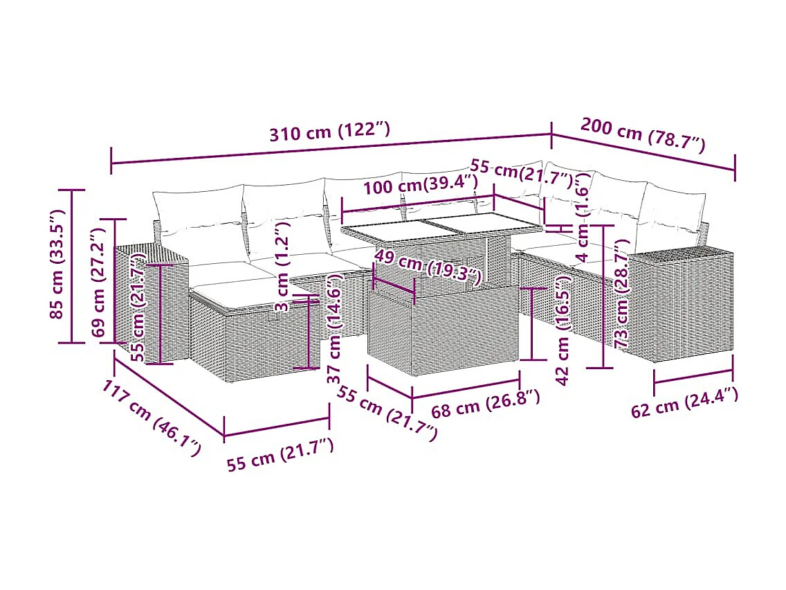 9 pcs conjunto de sofás p/ jardim c/ almofadões vime PE preto
