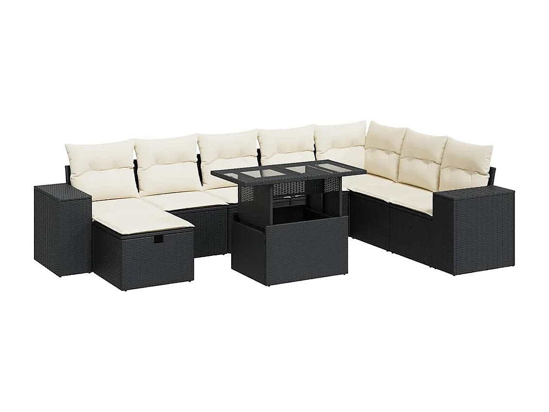 Salon de jardin 9 pcs avec coussins noir résine tressée