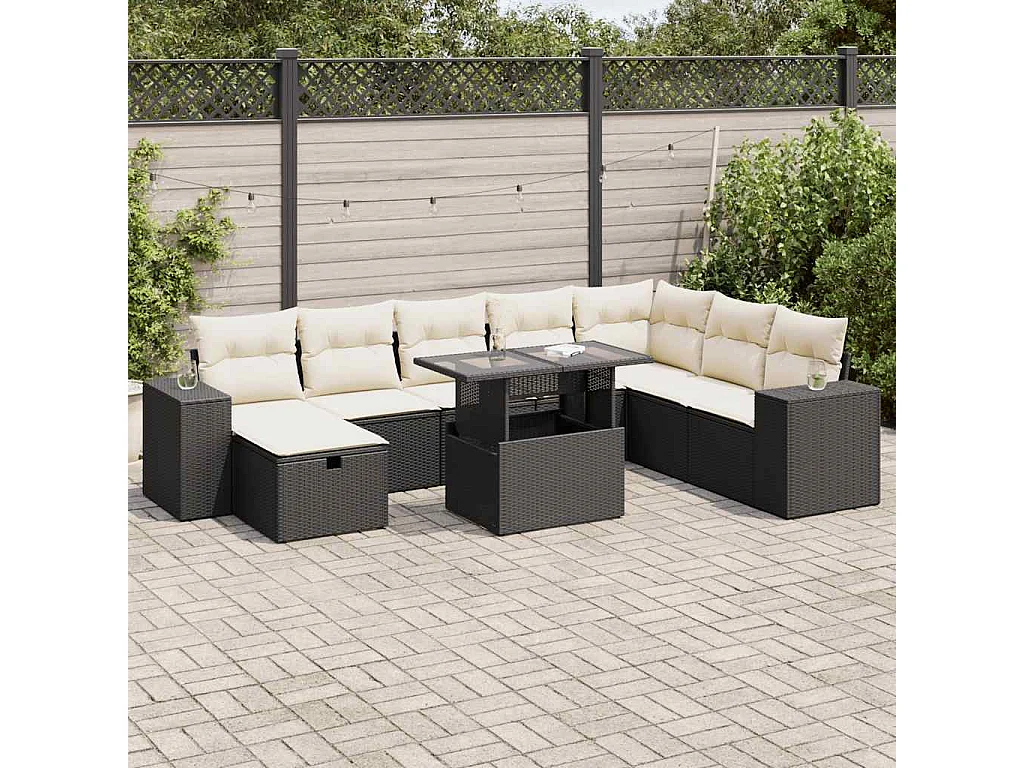 Salon de jardin 9 pcs avec coussins noir résine tressée
