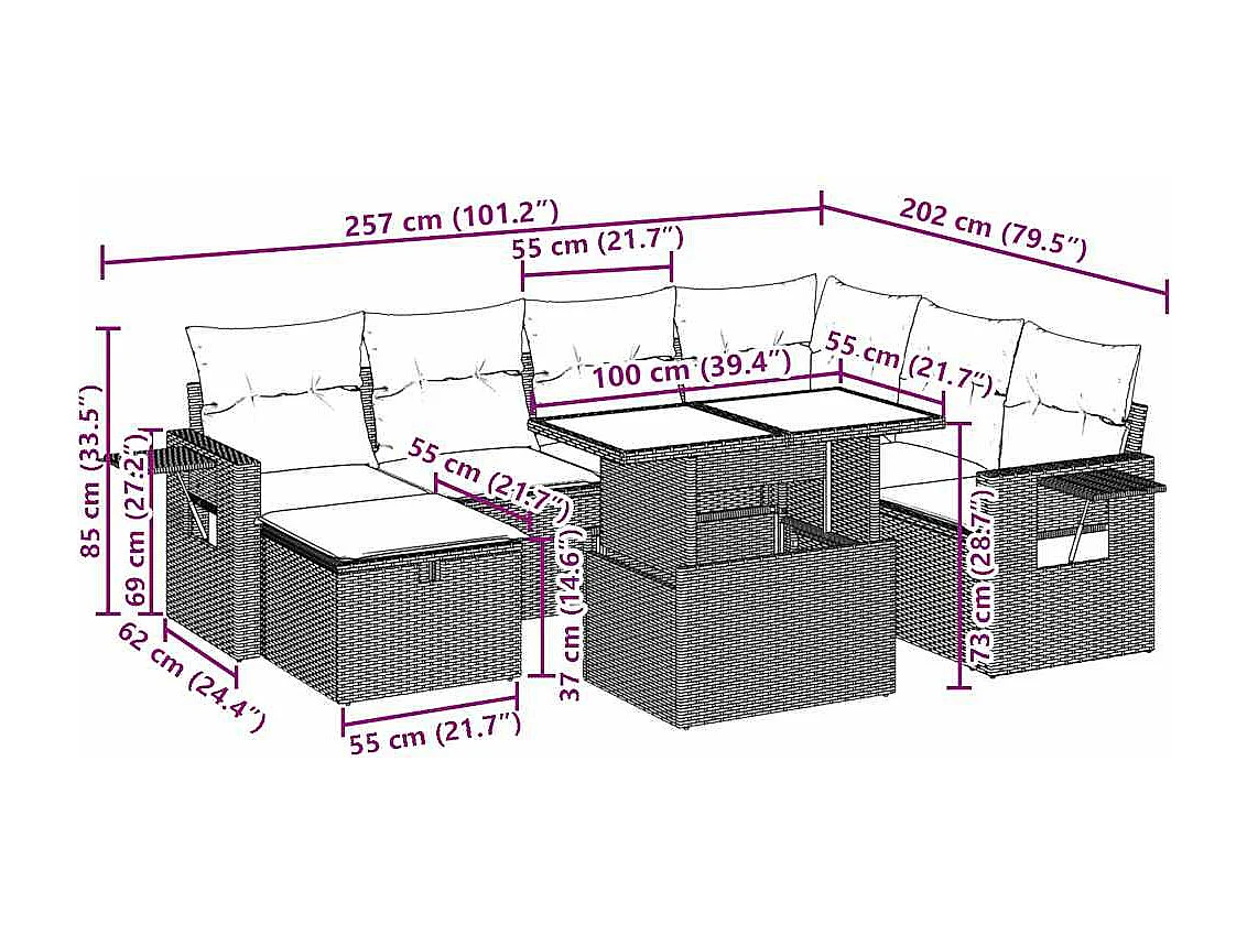 Salon de jardin avec coussins 8 pcs beige résine tressée