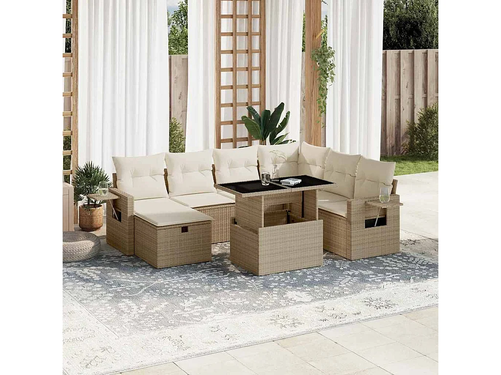 8-tlg. Garten-Sofagarnitur mit Kissen Beige Poly Rattan