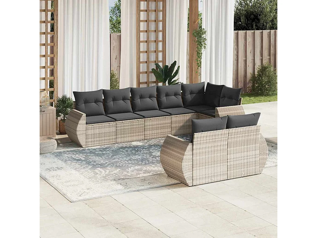 8-tlg. Garten-Sofagarnitur mit Kissen Hellgrau Poly Rattan