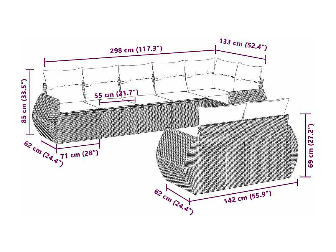 8-tlg. Garten-Sofagarnitur mit Kissen Hellgrau Poly Rattan