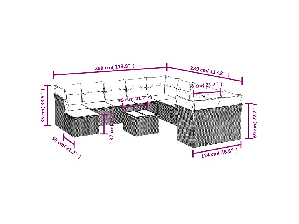 12-delige Loungeset met kussens poly rattan bruin