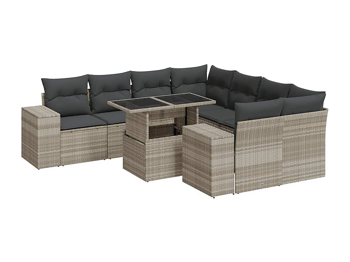 Salon de jardin 9 pcs avec coussins gris clair résine tressée