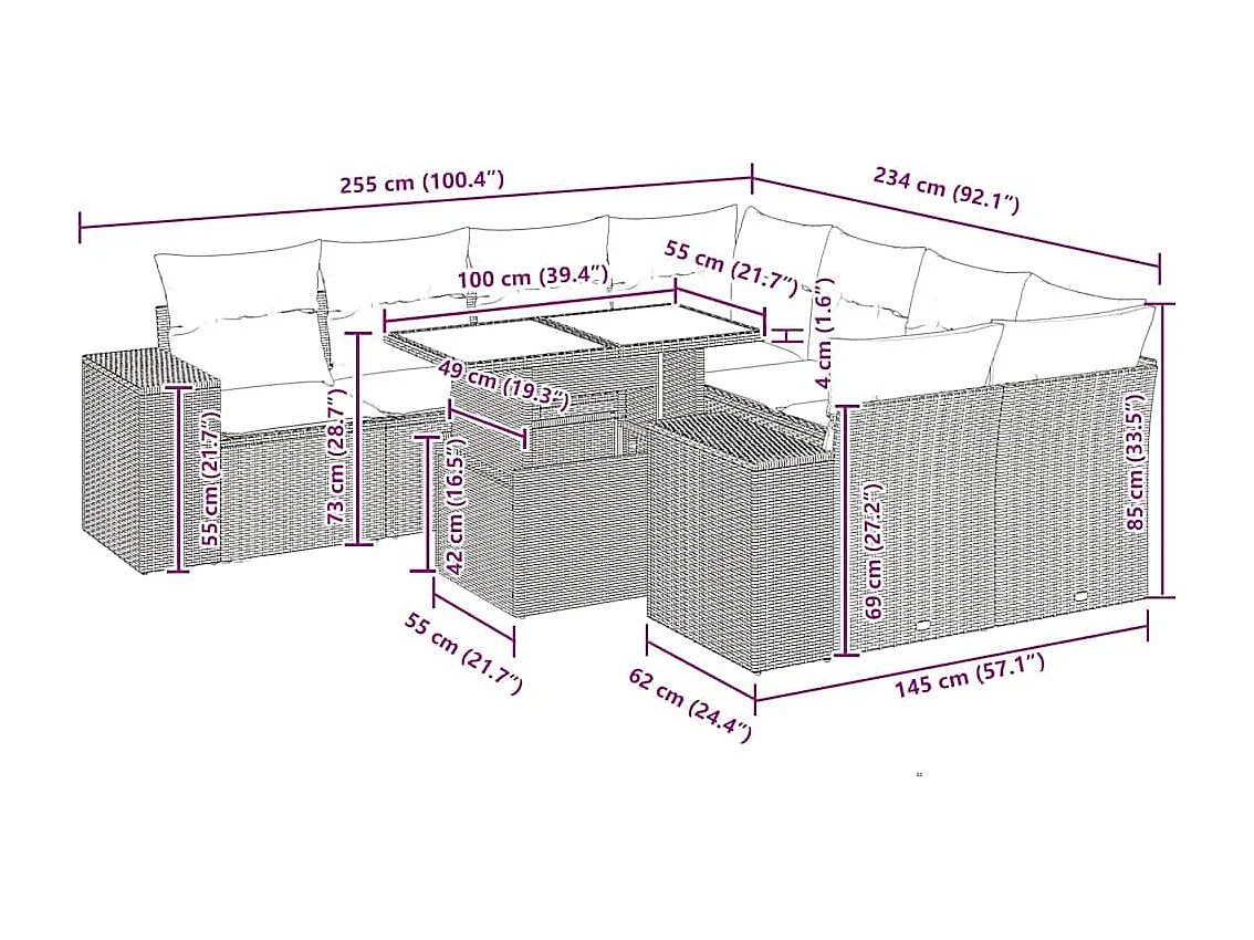 Salon de jardin 9 pcs avec coussins gris clair résine tressée