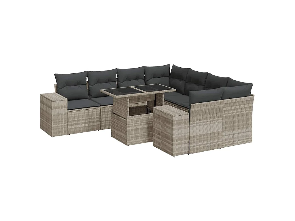 9-tlg. Garten-Sofagarnitur mit Kissen Hellgrau Poly Rattan