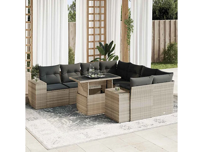 Salon de jardin 9 pcs avec coussins gris clair résine tressée