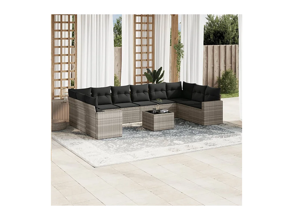 Set de sofás de jardín 11 pzas y cojines ratán sintético gris