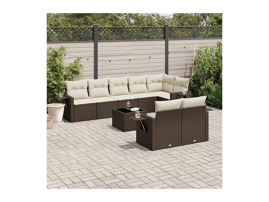 9-tlg. Garten-Sofagarnitur mit Kissen Braun Poly Rattan