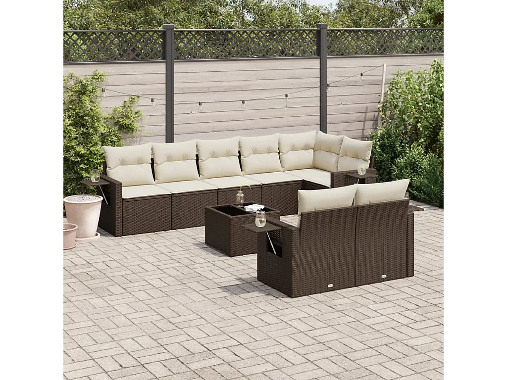 9-delige Loungeset met kussens poly rattan bruin
