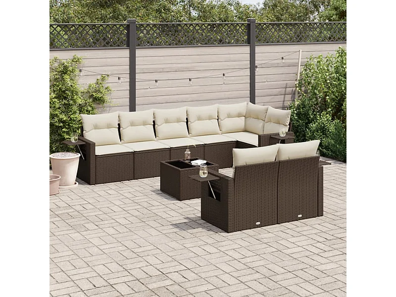 Salon de jardin avec coussins 9 pcs marron résine tressée