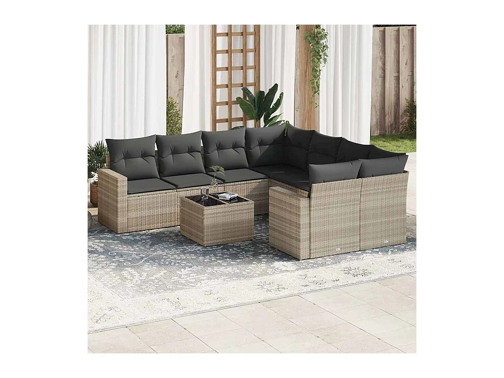 Salon de jardin 9 pcs avec coussins gris clair résine tressée