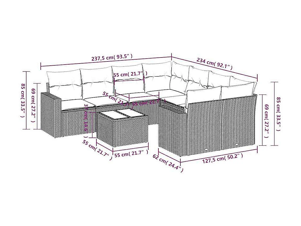 9-delige Loungeset met kussens poly rattan lichtgrijs