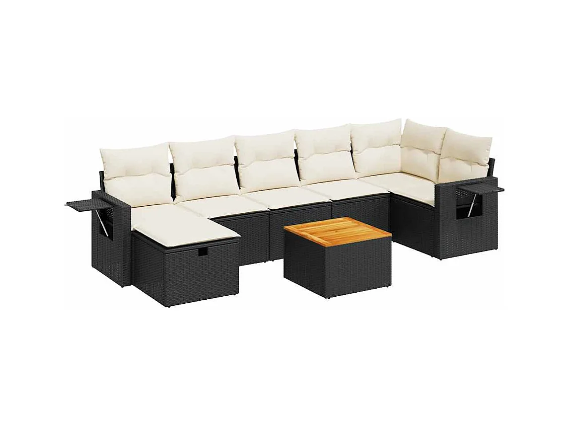 8-delige Loungeset met kussens poly rattan zwart