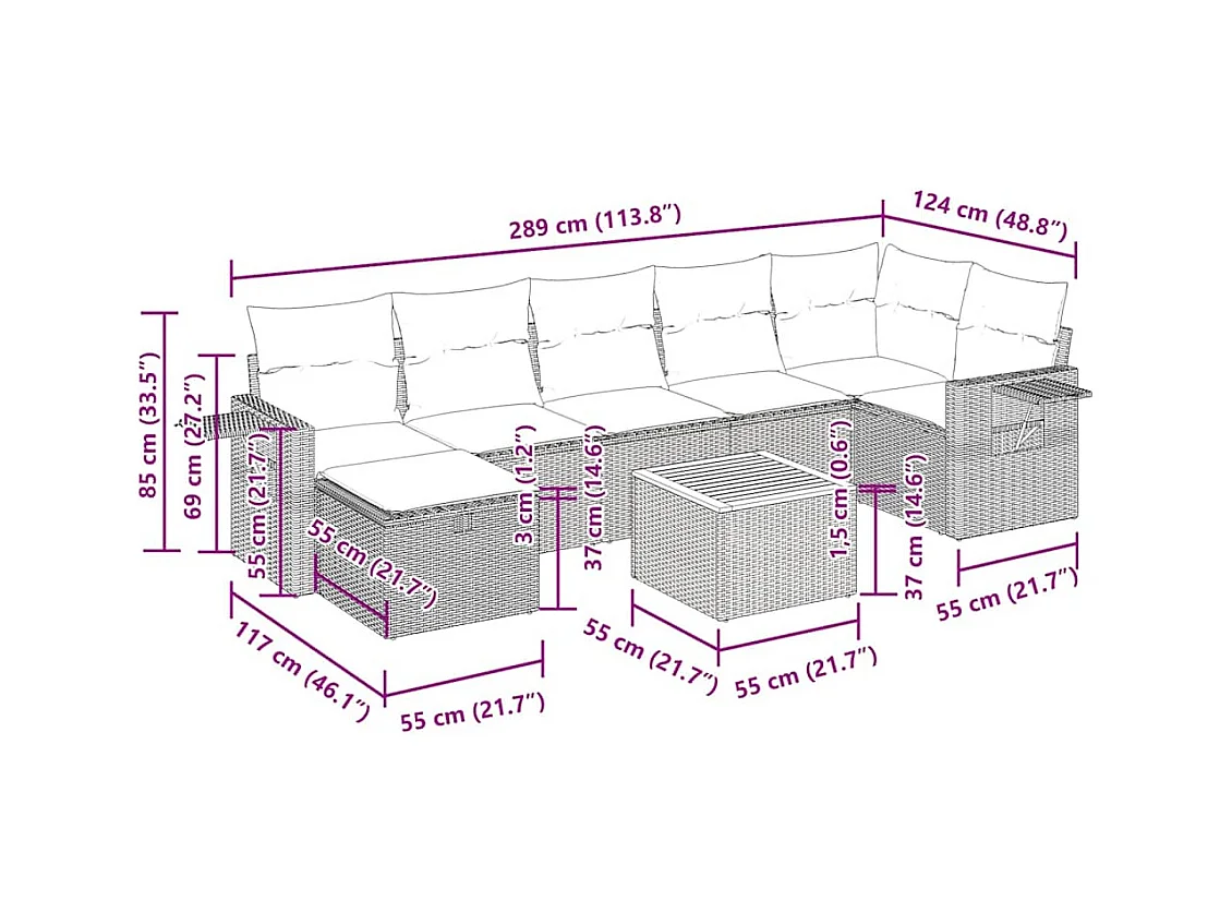 8-delige Loungeset met kussens poly rattan zwart