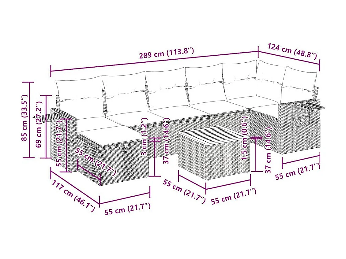 Salon de jardin 8 pcs avec coussins noir résine tressée