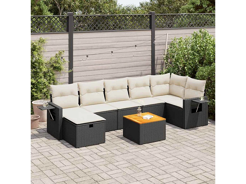 8-delige Loungeset met kussens poly rattan zwart